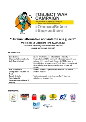 “Ucraina: alternative nonviolente alla guerra” il 14 dicembre a Vicenza