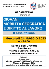 “Giovani, mobilità geografica e diritto al lavoro. Il caso italiano” il 24 maggio a Casoni di Mussolente (Vi)